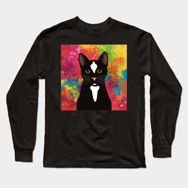 The cute and alert black and white tuxedo cat is waiting and watching you , colorful  background Long Sleeve T-Shirt by marina63